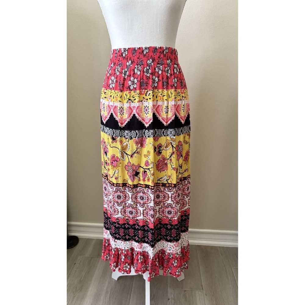 Scoop Boho Floral Patchwork Maxi Skirt L Rayon Smocked Waist Tiered Multi